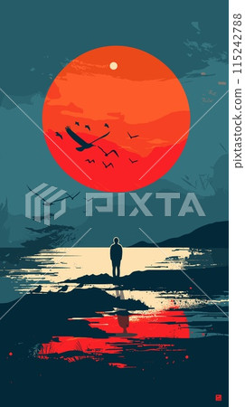 Silhouette of a man standing on a rock at sunset. Vector illustration Silhouette of a man standing on a rock at sunset. Vector illustration 115242788
