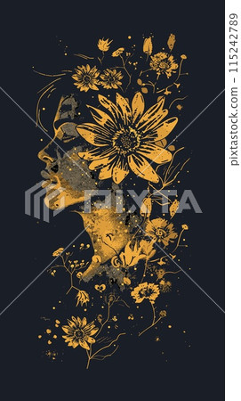 Grunge illustration of woman face with flowers on dark background. 115242789