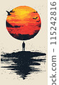 Silhouette of a man standing on the beach at sunset. Vector illustration. 115242816