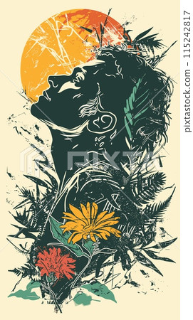 Grunge illustration of a woman with flowers in her hair. 115242817