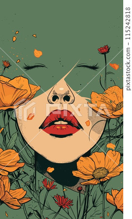 vector illustration of a woman's face with flowers in her hair. vector illustration of a woman's face with flowers in her hair. 115242818