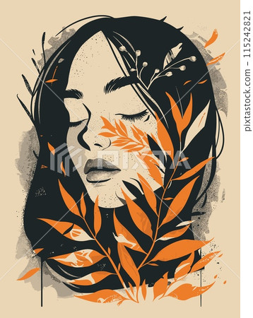 Portrait of a beautiful girl with autumn leaves. Vector illustration. 115242821