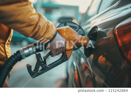 At a gas station, a person in a yellow jacket is fueling up a car using a fuel nozzle 115242864