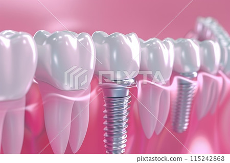 The concept of dental implants. A 3D rendering showing a dental implant placed between teeth The concept of dental implants. A 3D rendering showing a dental implant placed between teeth 115242868