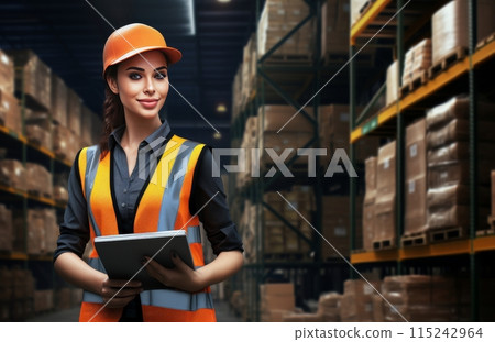 Female Warehouse Worker Holding Clipboard in Industrial Setting 115242964