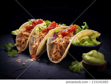 Three Delicious Pulled Pork Tacos With Red Sauce and Guacamole 115242985