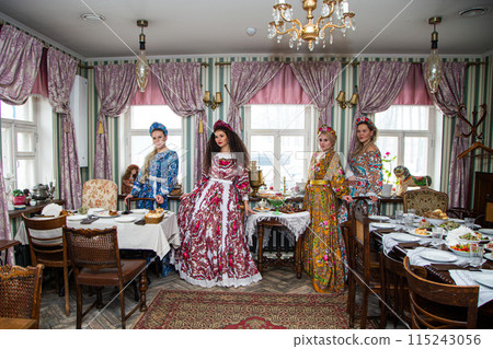 Portrait of a beautiful Russian girl in a kokoshnik and traditional dress Portrait of a beautiful Russian girl in a kokoshnik and traditional dress 115243056