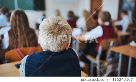 A junior high school class in a middle school. Back view. 115243167