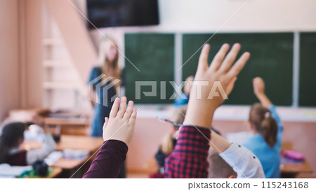 Elementary school students raise their hands during class. Elementary school students raise their hands during class. 115243168