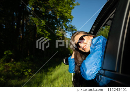 A stopover in the forest on the side of the road during long journeys by passenger car for a dream vacation. 115243401