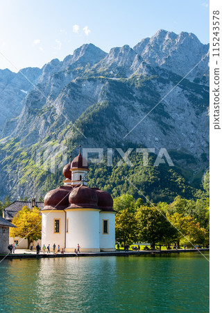 Little chapel Saint Bartholomew at Lake Koenigssee in the Bavarian Alps 115243578
