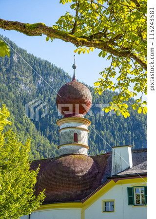Church Saint Bartholomew at Lake Koenigssee in the Bavarian Alps Church Saint Bartholomew at Lake Koenigssee in the Bavarian Alps 115243581