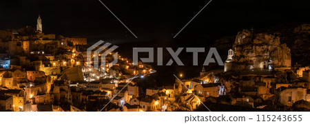 Famous cave church Saint Mary of Idris and the cathedral of Matera at night, Southern Italy 115243655