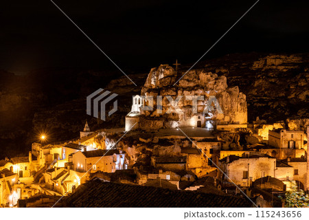 Famous cave church Saint Mary of Idris in Matera at night, Southern Italy 115243656