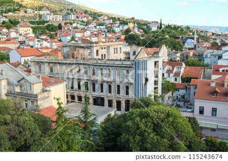 Old destroyed building in downtown Mostar after Yugoslavian war 115243674
