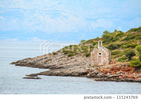 Beautiful little abandoned chapel at the coast of Hvar island 115243769