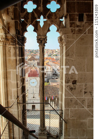 View from the bell tower of the cathedral in Trogir to the church St. Sebastian 115243809