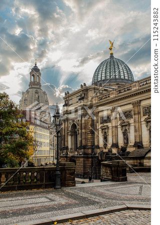 The center of Dresden with the cupola of the iconic Frauenkirche The center of Dresden with the cupola of the iconic Frauenkirche 115243882