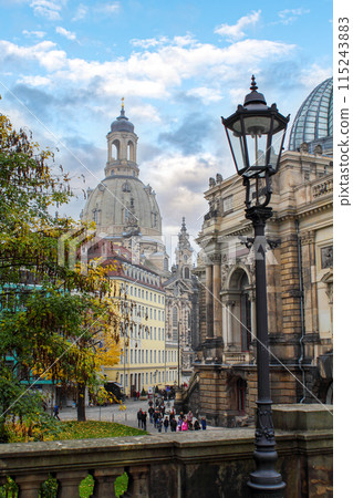 The center of Dresden with the cupola of the iconic Frauenkirche The center of Dresden with the cupola of the iconic Frauenkirche 115243883