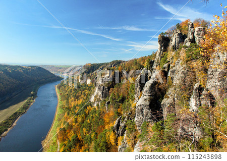 Famous Saxon Switzerland at the Elbe river in Saxony 115243898