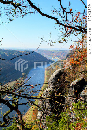 Famous Saxon Switzerland at the Elbe river in Saxony 115243899