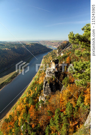 Famous Saxon Switzerland at the Elbe river in Saxony 115243905