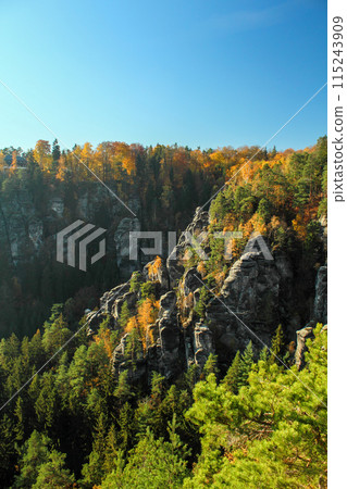 Famous Saxon Switzerland at the Elbe river in Saxony 115243909
