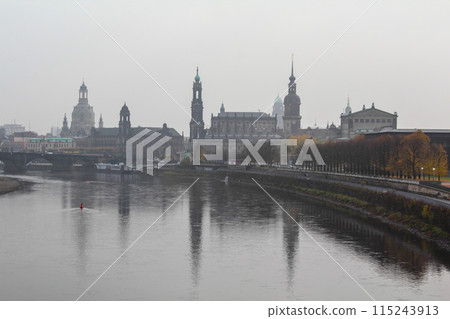 Skyline of downtown Dresden at fog in Germany 115243913