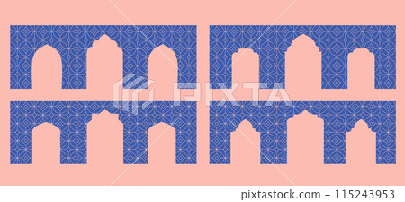 Arabic border shapes set. Blue wall with window, arc, door silhouette. Oriental vector illustrations. Arabic border shapes set. Blue wall with window, arc, door silhouette. Oriental vector illustrations. 115243953