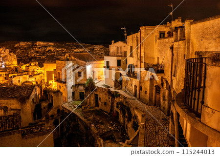 Scenic skyline of Sassi di Matera at night, Southern Italy Scenic skyline of Sassi di Matera at night, Southern Italy 115244013