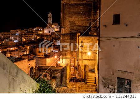 Scenic skyline of Sassi di Matera at night, Southern Italy Scenic skyline of Sassi di Matera at night, Southern Italy 115244015