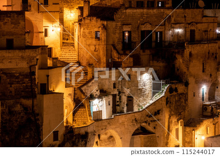 Scenic skyline of Sassi di Matera at night, Southern Italy Scenic skyline of Sassi di Matera at night, Southern Italy 115244017
