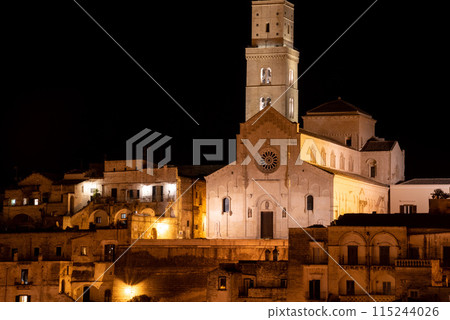 Scenic illuminated cathedral of Matera at night, Southern Italy Scenic illuminated cathedral of Matera at night, Southern Italy 115244026