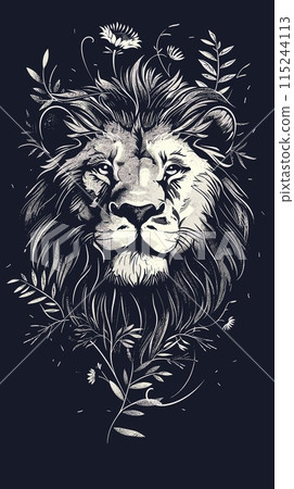 Lion head with flowers. Hand drawn vector illustration on dark background. Lion head with flowers. Hand drawn vector illustration on dark background. 115244113