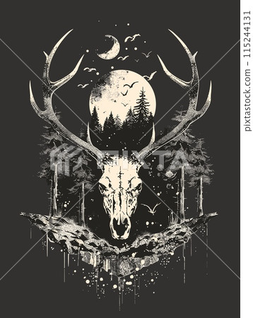 Deer skull and moon in the forest. Vector hand drawn illustration 115244131