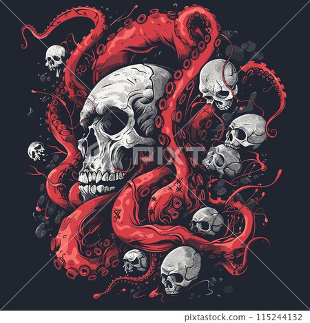 Skulls with red tentacles and blood on black background. Vector illustration. Skulls with red tentacles and blood on black background. Vector illustration. 115244132