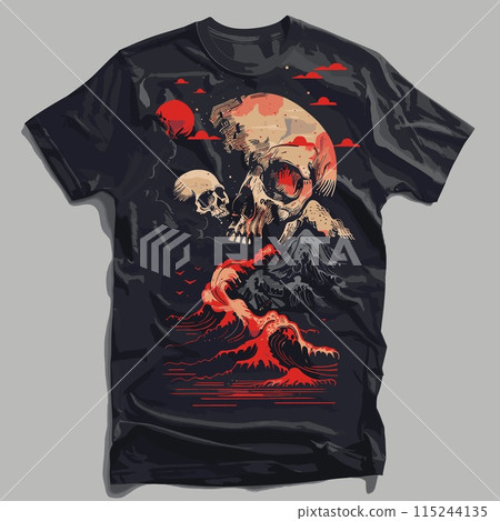 T-shirt print design with skull and volcano. Vector illustration. 115244135