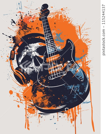 Grunge music background with guitar and skull. Vector illustration. 115244137