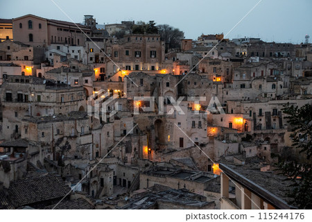 Scenic skyline of Sassi di Matera at night, Southern Italy 115244176