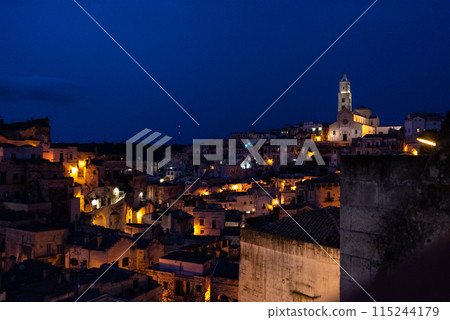 Scenic skyline of Sassi di Matera at night, Southern Italy 115244179
