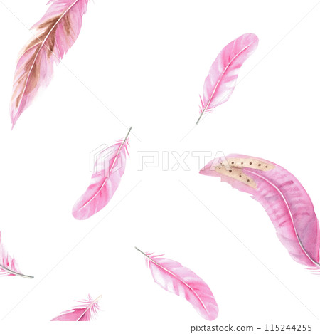 Pink Feathers Watercolor seamless pattern on white background. Hand drawn illustration. Can be used for fabric, textile and packaging prints. 115244255