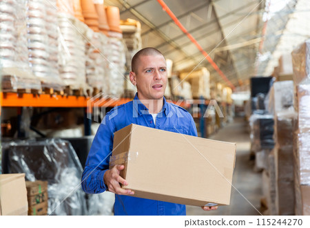 Positive warehouse worker dragging boxes on hands 115244270