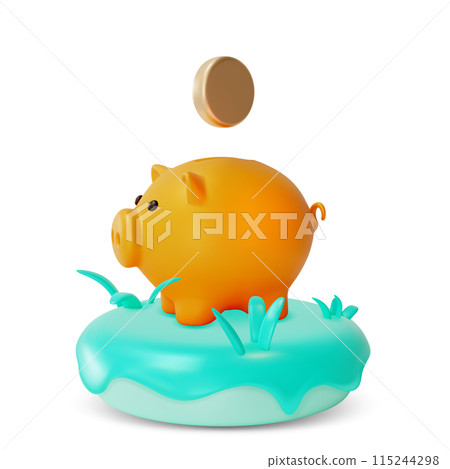 3d Piggy Bank and Gold Coin Concept Cartoon Design Style Isolated on a White Background. Vector illustration of Safe Finance Investment 115244298