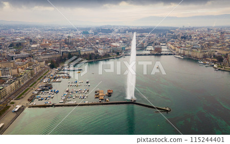 Aerial view of the fountain on the Lake Leman. Geneva.  115244401