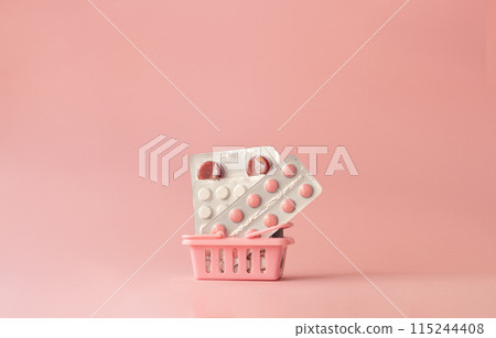 pills in blisters in a shopping cart, medicine concept, healthcare pills in blisters in a shopping cart, medicine concept, healthcare 115244408