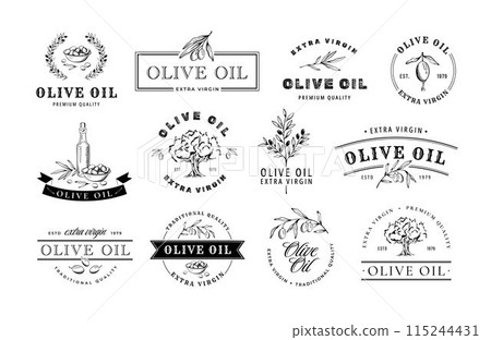 Olive oil emblem. Hand drawn labels for extra virgin oil or olive contained cosmetic products with sketch tree, branches, leaves and olives isolated vector illustrations set. 115244431