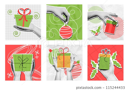 Christmas gifts in hands. Halftone hand holding wrapped gift box for winter holiday, xmas presents packaging mixed media collage vector illustration set. Christmas gifts in hands. Halftone hand holding wrapped gift box for winter holiday, xmas presents packaging mixed media collage vector illustration set. 115244433