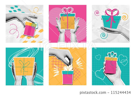Mixed media hand with gifts. Halftone hands holding birthday gift box, pop art wrapped present with ribbons and bows. Vector illustration set. 115244434