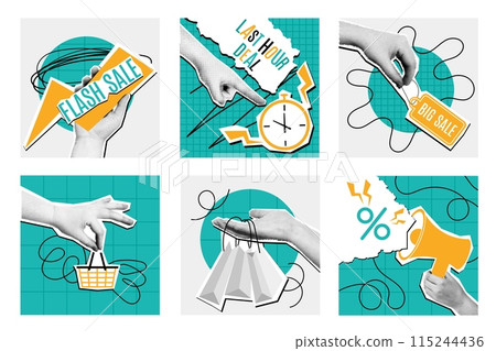 Halftone sale collage. Mixed media flash sale, last hour deal and discount announcement banners with pop art hand vector set. 115244436