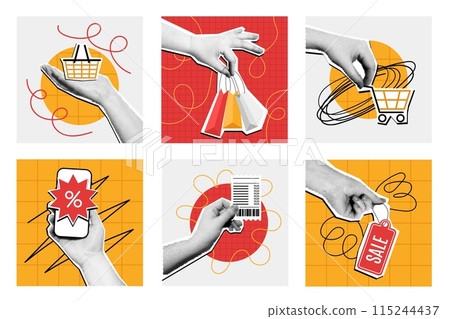 Halftone shopping collage. Mixed media hand holding shopping basket, cart and bags. Mobile online offer deal, sale and purchase verification receipt vector illustration set. Halftone shopping collage. Mixed media hand holding shopping basket, cart and bags. Mobile online offer deal, sale and purchase verification receipt vector illustration set. 115244437